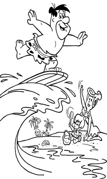 kolorowanka Flinstonowie malowanka do wydruku z bajki dla dzieci, Fred i Wilma na plaży do pokolorowania kredkami i wydrukowania, obrazek nr 3